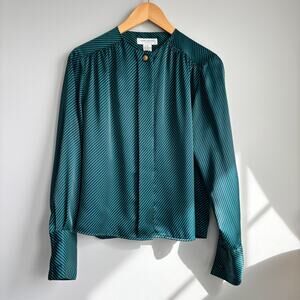 Vintage Jones New York Silky Green Black Stripe Blouse Gold Button Petite 4